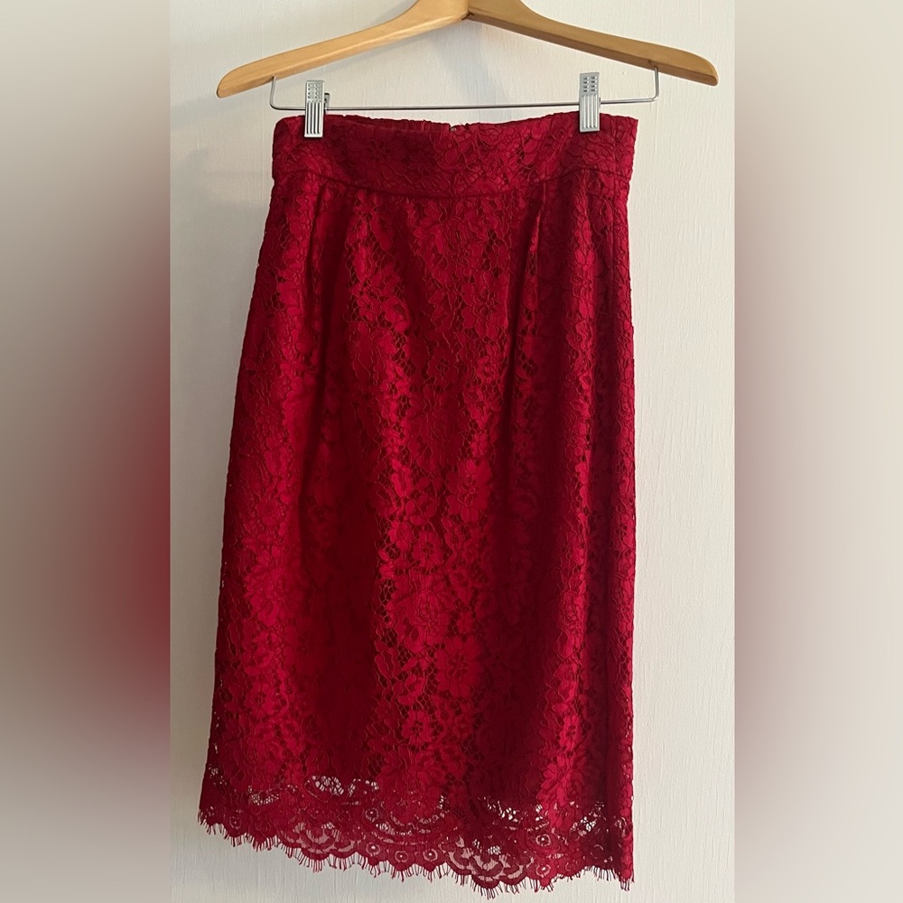 J Crew Red Lace Pintuck Pencil Skirt